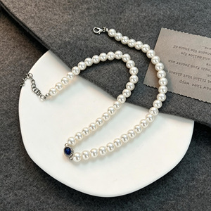 Sapphire Pearl Necklace AAA Grade White Pearls With Blue Gemstone For Women Everyday Wear Collarbone Chain Simple Elegant Style - Product Image 1