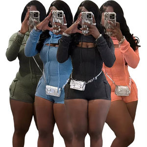 Setelan baju kodok wanita, Jumpsuit satu potong, Romper pendek bergaris atasan pendek musim panas 2 potong - Product Image 1