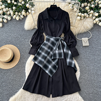 Ensemble deux pièces pour femme style preppy : chemise à col et manches bouffantes et jupe asymétrique à carreaux avec ceinture à nouer pour l'automne