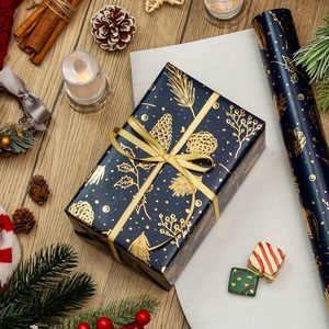 Homeral Christmas Wrapping Paper 17in x 32.8ft Navy Blue Gold Pine Cone Metallic Shine Gift Craft Recyclable - Product Image 2