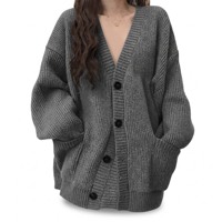 Cardigan en tricot ample à col en V pour femme, couleur unie décontractée mi-longue, collection printemps-automne, vêtements féminins transfrontaliers en gros