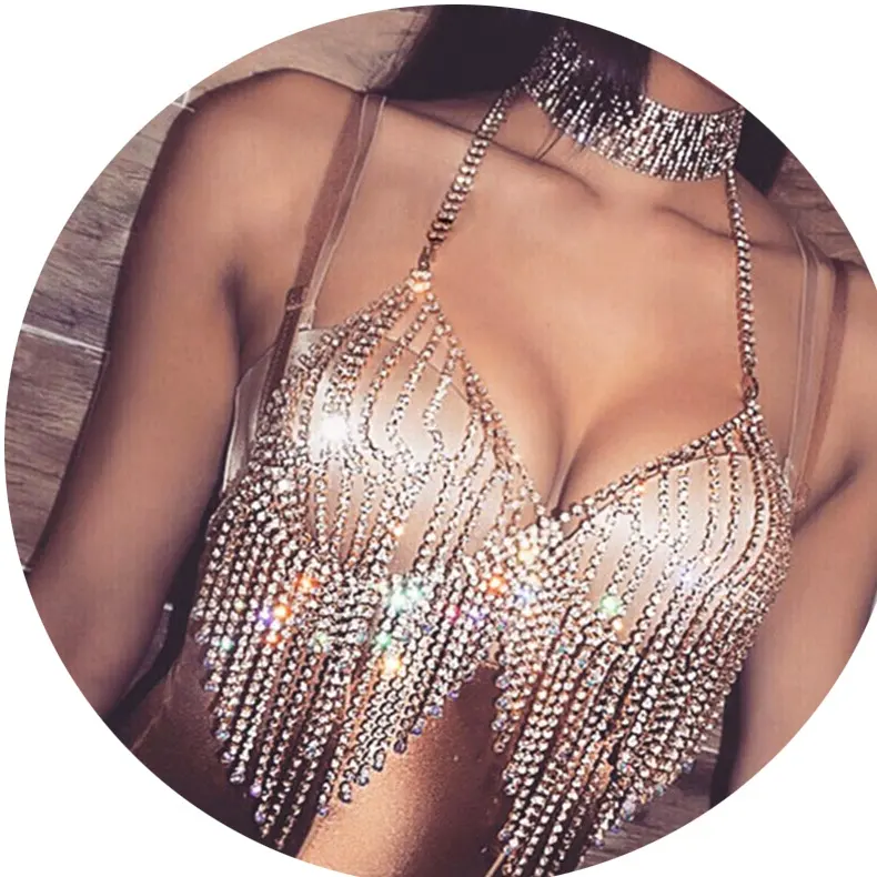 Catene per il corpo con strass Sexy gioielli in vita per le donne nappa Bralette Crystal Luxury Diamond Body Chain Chest Jewelry Lingerie Bra