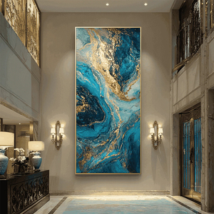 Dipinto a Olio Astratto Blu e Oro di Lusso, Grande Quadro Verticale su Tela con Effetto Fluido - Product Image 2