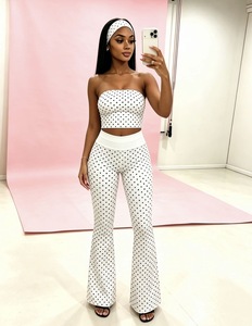 Ensemble <span class=keywords><strong>3</strong></span> pièces élégant pour <span class=keywords><strong>femme</strong></span> : haut bustier à pois avec logo personnalisé, pantalon évasé taille haute longueur cheville – <span class=keywords><strong>Tenue</strong></span> d'été - Product Image 4