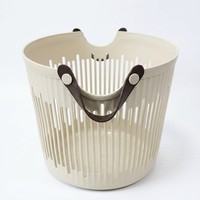 Panier à linge rond en plastique, imitation rotin creux, avec poignées en cuir pour buanderie