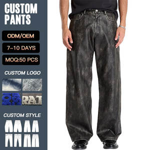 กางเกงยีนส์ทรงตรงหลวมสไตล์วินเทจแบบสั่งทำขายส่ง ตกแต่งด้วยการเย็บตะเข็บแบบคอนทราสต์ ขอบผ้าเดนิมเคลือบ PU พร้อมลายปักหนัง - Product Image 1