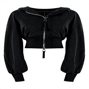 Sweat à capuche court de luxe personnalisé pour femme en coton épais, style streetwear, avec manches bouffantes audacieuses et fermeture éclair bidirectionnelle - Product Image 1