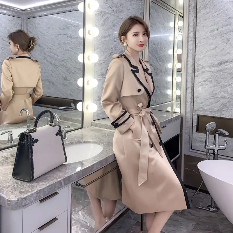 4570 British Style Causal Double Breasted Long Trench Coat Elegant Luxury Brown Women's Winter Jacket Coat with Belt