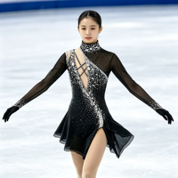Costume de patinage artistique noir à col montant, manches longues, dos en maille croisée, robe ornée de strass pour filles et adultes, performance sur glace