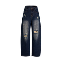 Celana Jeans Denim Wanita Model High-waisted Wide-leg Warna Biru Tua Efek Water-washed Distressed, Potongan Longgar, Koleksi Awal Musim Gugur 2026 (Foto Asli)