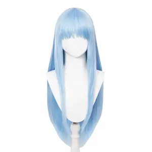 Wig Cosplay Anime 31.5 inci Wig rambut manusia lurus panjang biru Wig sintetis tahan panas untuk wanita dewasa perlengkapan pesta kostum