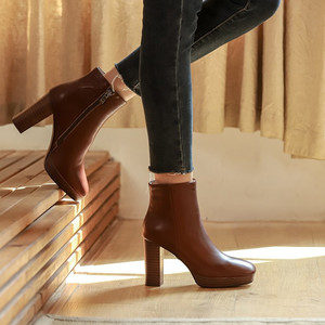 Delle donne <span class=keywords><strong>Stivali</strong></span> Tacco Alto Scarpe di Cuoio Genuino Della Caviglia Bootie 11 centimetri di Spessore Con I Tacchi Alti Botas Damen Chaussure Talon Femm Bottine Scarpata <span class=keywords><strong>donna</strong></span> - Product Image 1