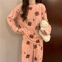 Ensemble de pyjama pour femmes en polyester thermique d'hiver, col rond, motif uni, manches longues, style doux et mignon, vente en gros