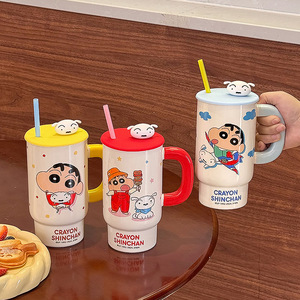 Crayon Shinchan <b>Ceramic</b> <b>Mug</b> Large Capacity With Lid And Straw Cartoon Design For Office Home Couples Gift - Product Image 2