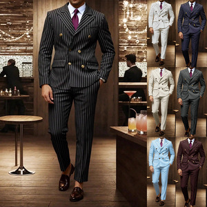 Ensemble de Costume Formel <span class=keywords><strong>Homme</strong></span> 2026 à Col Cranté Perlé et Boutonnage Simple, Blazer Rayé et Pantalon Habillé 100% Polyester - Product Image 1