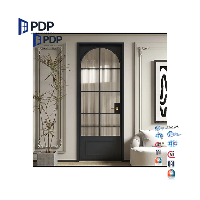 Arched-top aluminium casement window with divided-light grid