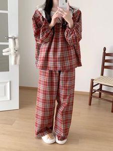 Red <strong>Nightgown</strong> Vintage Lace Trim Collar <strong>Plaid</strong> Pajamas Long-sleeved Sweet Nightdress Cute Princess Wind Sleepwear