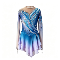 Costume de patinage artistique pour enfants et adultes, robe en maille à manches longues bleu-violet dégradé avec strass pour spectacle sur glace