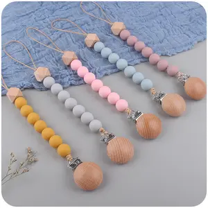 New Design Safe Multi Style Nontoxic Bpa Free Pink Blue Baby Dummy Holder Silicone Beech Wooden Wood Pacifier Clip Chain