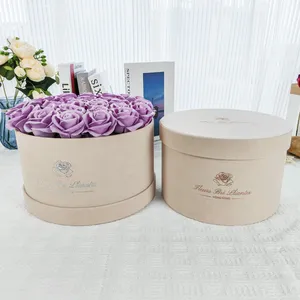 Kotak bunga topi bentuk bulat kualitas tinggi untuk kotak buket tampilan bunga dengan kotak bunga bulat beludru Logo dengan desain pita