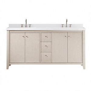 Meuble-lavabo rectangulaire moderne en bois massif résistant à l'eau avec double vasque en porcelaine et écran LED pour hôtel - Product Image 1