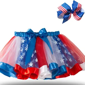 アメリカ国旗の星条旗の色赤青白チュール2層チュチュスカートボウヘアピン付き米国国旗バレエショートスカート