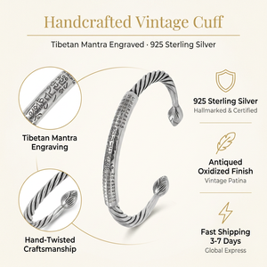 Pulsera de Mantra Budista Tibetano, Brazalete Abierto de Plata Antigua Vintage con Capullo de <span class=keywords><strong>Loto</strong></span>, Joyería Étnica Boho Hecha a Mano - Product Image 1