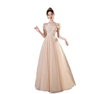 Champagne Evening Gown Square Collar A-Line Empire Waist Floral Print 3D Stereoscopic Patterns Mid Length Banquet Dress - Product Image 5
