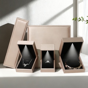 High-end Square PU Leather Jewelry Box with <b>LED</b> Lights for Rings Necklaces Earrings Display in Stock - Product Image 3