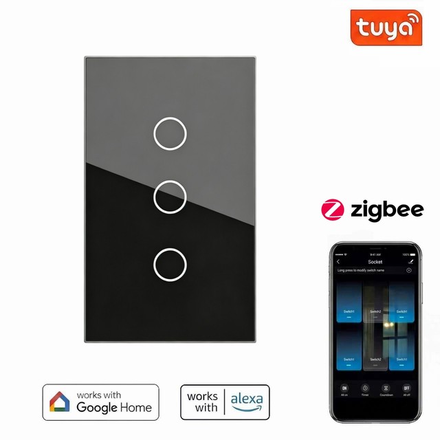 3 Gang  LED Light Touch Glass Tuya Zigbee  for Alexa Google App Control  Wall Smart Switch and Socket for Home