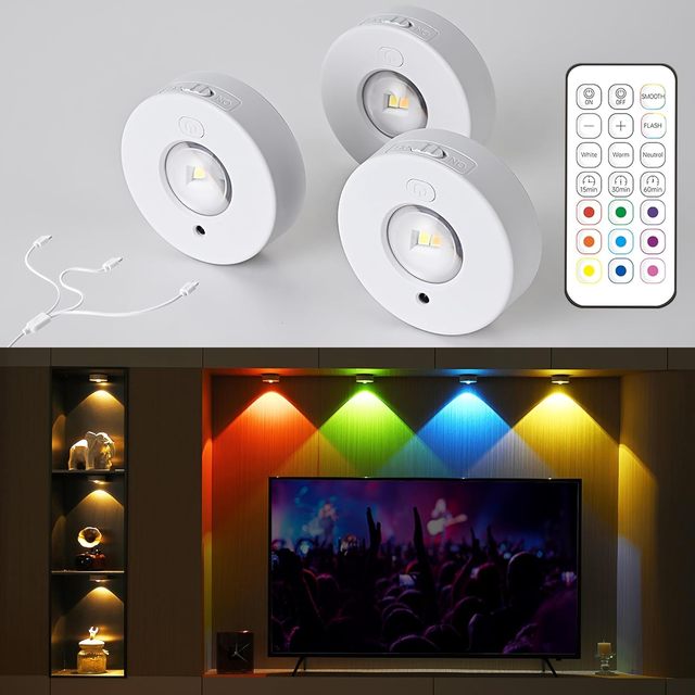 TSINYE LED Rechargeable Puck Lights with Remote Control, RGB Under Cabinet Lighting Circle Magnetic Stick On Light for Shelf