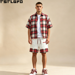 Cut And <b>Sew</b> Plaid Shirt <b>Set</b> Heavyweight Red White Checkered Top Panelled Shorts Streetwear Two Piece Co-Ord Bulk - Product Image 3