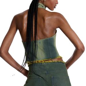 Top da donna alla moda con fibbia in stile Y2K da donna con chiusura a Zip in <span class=keywords><strong>Denim</strong></span> con orlo sfilacciato grezzo - Product Image 2