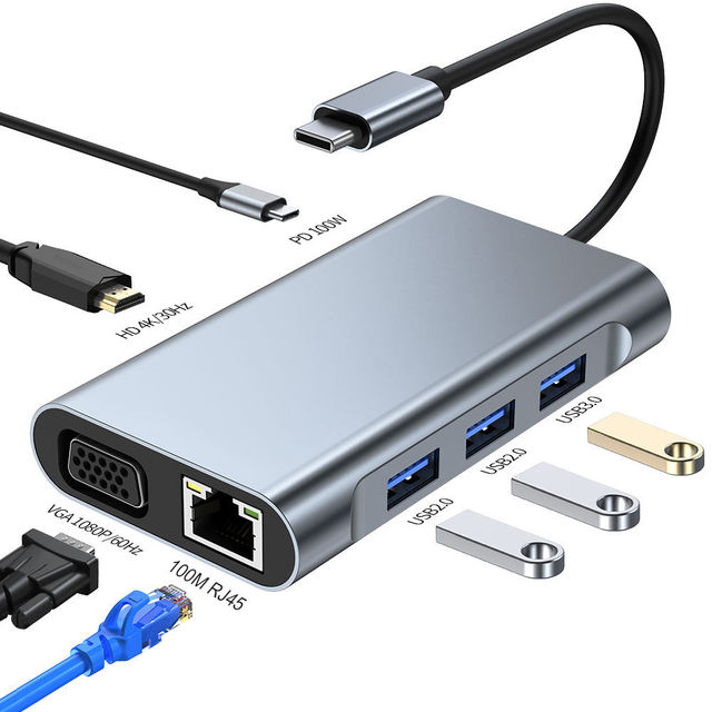 Type-C Docking Station 3.0 USB Aluminum Alloy Expander Splitter 100m Network Port Hub 7 Ports 5Gbps PD 100W Fast Charging HD 4K