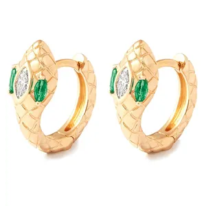 Gemnel Hot Selling 925 Silver 14k Gold Emerald Eyes Pave Diamond Snake Huggie Animal Hoop Earrings