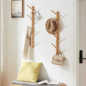 Porte-manteau mural en bambou à un seul niveau, 8 crochets, en forme d'arbre, pour vêtements, sacs, salon, salle de bain - Product Image 3