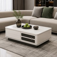 Table basse de salon moderne en bois laqué artisanal, finitions contrastées bicolores, avec tiroirs de rangement et panneau en verre technologique, pour la vente en gros