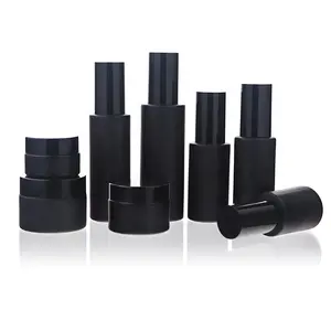 High End Frosted Matte Black Cosmetic Glass Bottle And Jar Pump Bottle For Lotion Serum Cream Full Set