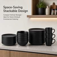Service de vaisselle moderne en céramique noir mat 4 pièces : assiette plate, assiette à salade, bol à céréales, tasse à café pour restaurant et maison
