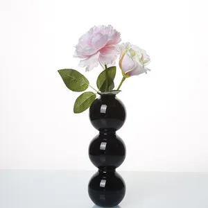 Wholesale Long Stemmed Black Glass Flower Vase Three Black Globes Vase for Table Topper Decoration Hand Made Glass Vases