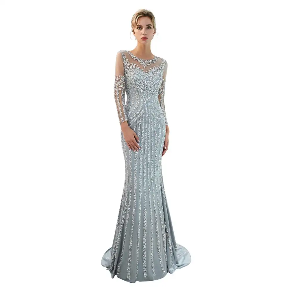 Ruolai ME-01 Luxury Long Sleeves Silver Mermaid Beading Evening Dress