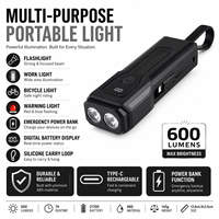 Z828 Lampe portable multifonction noire en ABS, batterie externe rechargeable USB Type-C, étanche IP44, affichage numérique LED, camping 600LM
