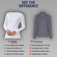 Chemise d'équitation blanche pour femme, coupe athlétique ajustée, anti-humidité, col pointu, 3 boutons, épaules en maille, manches longues, personnalisable OEM