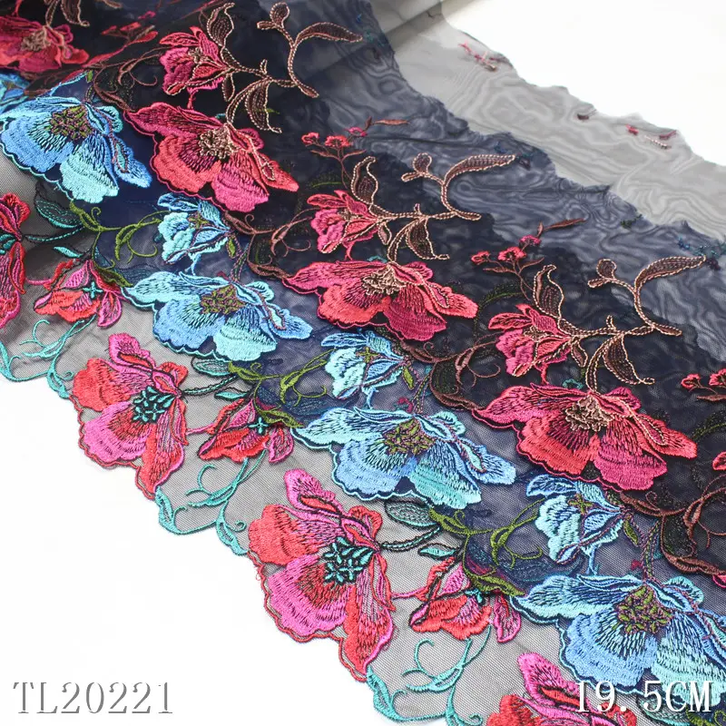 Hot Sale OEM Black Embroidery Elastic Lace 19CM Colorful Flower Tulle Lace Trim Border Lace Trim Mesh Fabrics Fabric For Women
