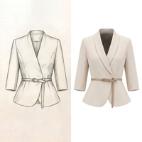 Blazer Wanita Warna Ivory Kerah Bulat Tanpa Kerah Kancing Tunggal Empat Kancing Jaket Peplum Lengan Panjang Kantor Resepsi Hotel Custom