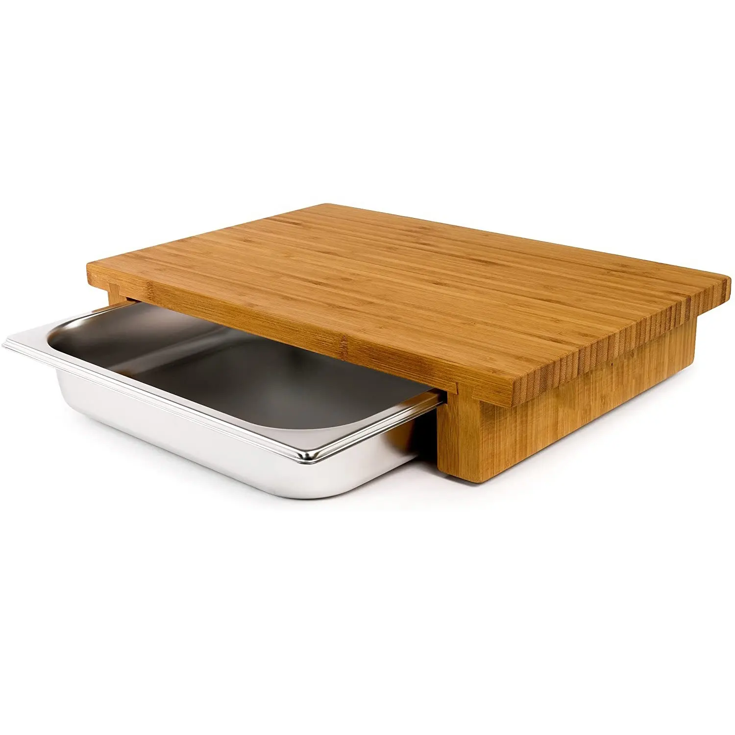 ステンレス鋼のスライディングコンテナトレイを備えた食品グレードのキッチン木製竹まな板