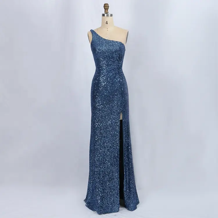 2022 new design women elegant plus size Blue one shoulder pleated bodice sequin bridesmaid prom dresses