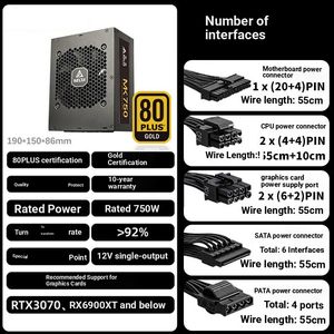 Alimentation électrique ATX Del-ta MK750 750W 80PLUS Gold entièrement modulaire, rail unique 12V 62.5A, large plage de tension 100-240V, PFC actif, ventilateur 12cm, 20+4 broches - Product Image 2