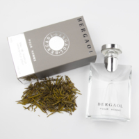 Parfum féminin, flacon en verre rectangulaire transparent, bouchon argenté, boîte grise, feuilles de thé vert, minimaliste, longue tenue
