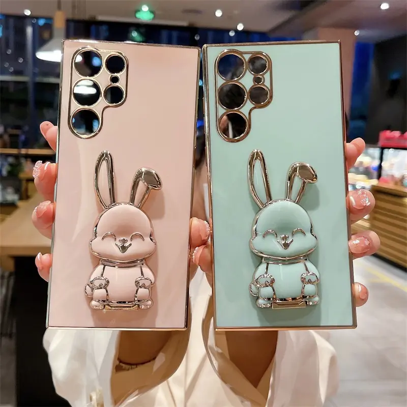 Luxury plating Cute Rabbit Holder Bracket Phone Case For Samsung Galaxy S23 ULTRA S22 S21FE S20 S10 Plus S9 Note 9 10 Pro Cover